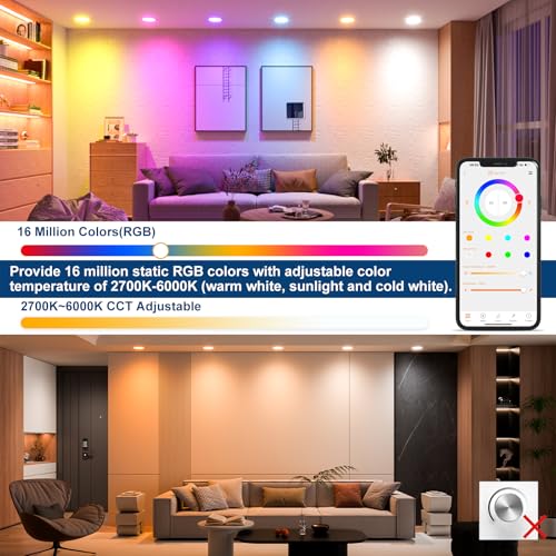 White SikSog 6 Inch RGB+CCT Smart Recessed LED Downlight, Dimmable, Alexa Compatible, 16W, 1350 Lumens, 6-Pack