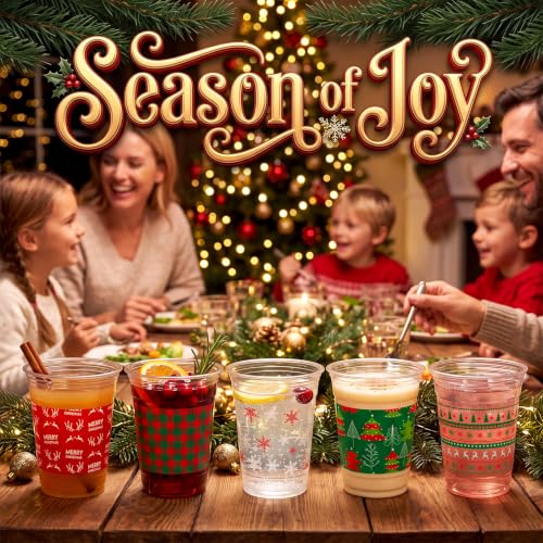 100 Pcs Christmas Plastic Cups 12 oz - Classic Holiday Party Disposable Glasses
