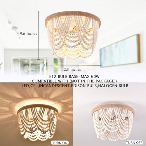 Capslpad White Beaded Flush Mount Ceiling Light Antique Rustic Mini Chandelier 3-Light