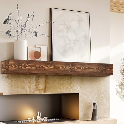 48 Inch Fireplace Mantel Shelf - 5 Inch Thick Pine Wood Floating Wall Shelf - Brown, Hollow, 48x5x8