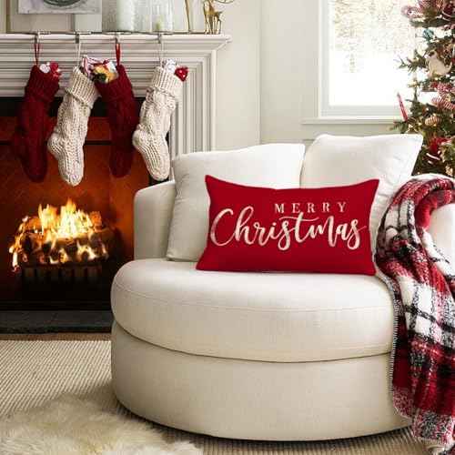 RABUSOFA Merry Christmas Pillow Covers 12x20 Inch,Red Xmas Decor Winter Holiday Outdoor Lumbar Cushion Case Decoration for Home Sofa (Red, 20" x 12" (Pack of 1))