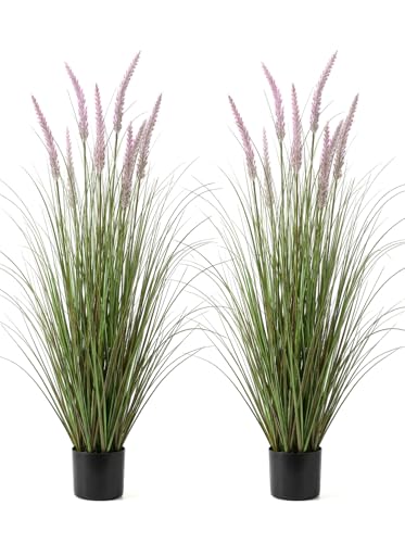 Crasraye 4FT Artificial Cattail Tall Grass Plant 2 Pack, Purple & Green Faux Reed Grass Decor
