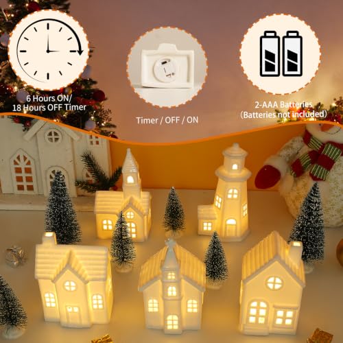 White Ceramic Christmas Village Houses Set with Timer & LED Lights