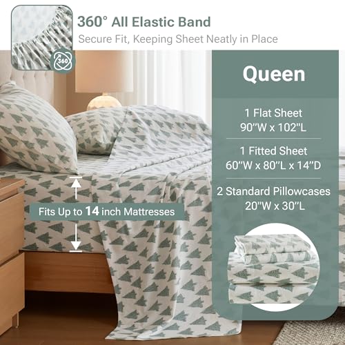 Ikat Tree Queen Flannel Sheet Set - 4 Piece Cotton Bed Sheets, Cozy Bedding