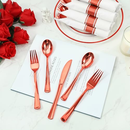 50PC Red Pre-Rolled Plastic Cutlery Set with Napkins (Forks, Knives, Spoons) - Wrapped