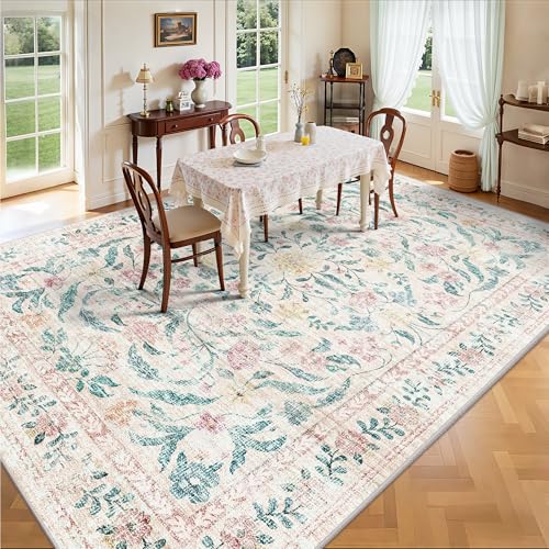 8x10 Pink Bloom Floral Area Rug - Machine Washable Low Pile Boho Rug with Non-Slip Backing, Rectangular