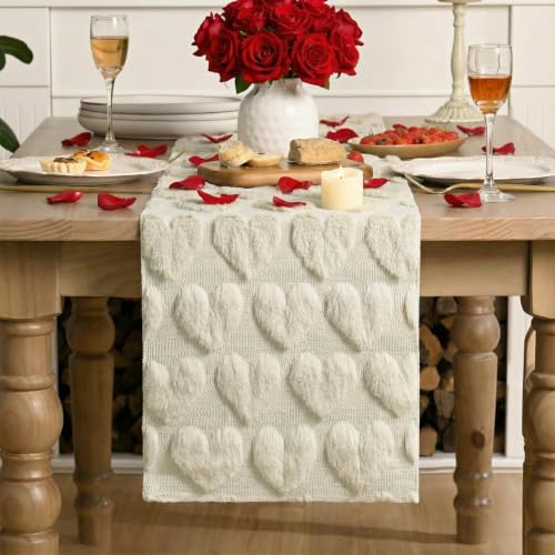 Artoid Mode Beige Soft Plush Faux Fur Jacquard Love Heart Table Runner 13x72 - Home Kitchen Decor