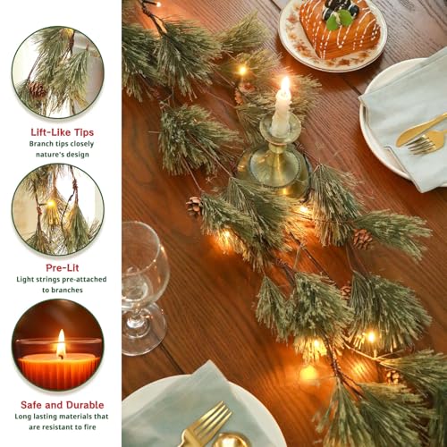 IDOGliitte 6.4ft Lush Green Smokey Pine Christmas Garland with Lights