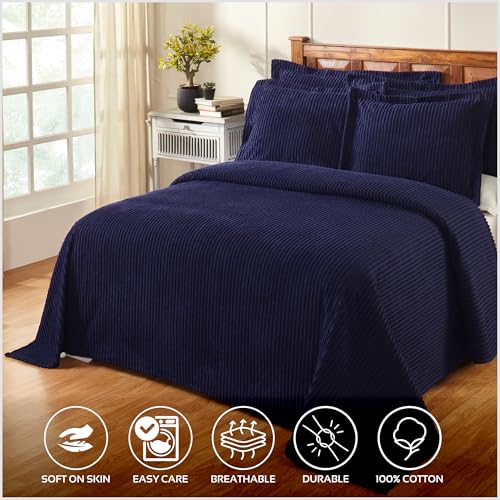 Better Trends Navy King Bedspread, 100% Cotton Tufted - Classic Stripe Coverlet, Soft & Cozy Bedding for All Seasons, Machine Washable - Jullian Collection