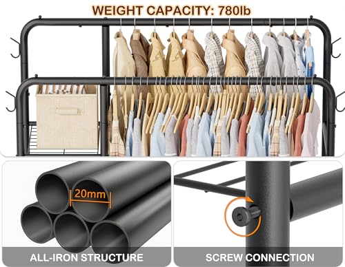 Black Double Rod Clothes Rack with Storage Shelves and Hooks - Heavy Duty Garment Organizer