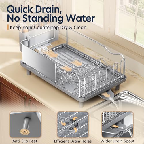 KINGRACK Grey Stainless Steel Dish Drying Rack with Cup Holder & Auto-Drain