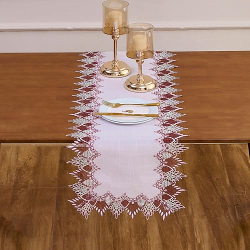 Raedan Dark Red & White Linen Lace Table Runner 16x72 Inches for Dining & Decor