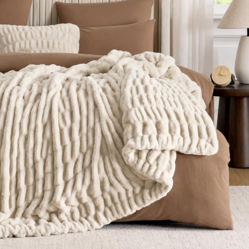 Cozy Bliss Double-Sided Soft Faux Fur Throw Blanket,60"x80", Beige