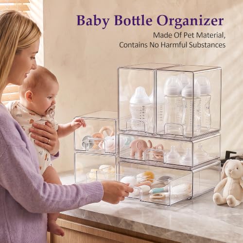 Yasali 6-Pack Stackable Baby Bottle Organizer Storage Drawer - Clear, Space-Saving