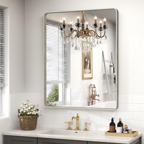 CHARMOR 28x32 Inch Silver Brushed Nickel Wall Bathroom Mirror - Vertical or Horizontal Mount, Tempered Glass