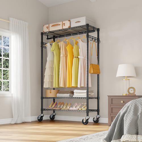 Heavy Duty Portable Clothes Rack with Lockable Wheels - Black, R3 Standard