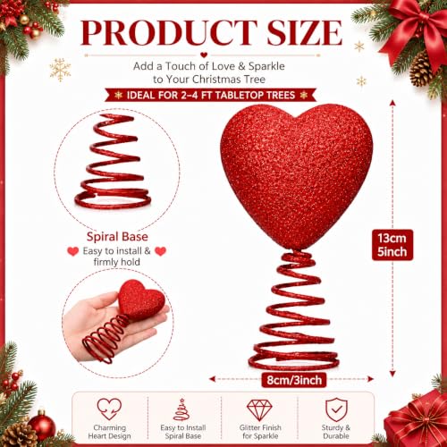 Red Heart Christmas Tree Topper, Glitter Mini Holiday Decoration