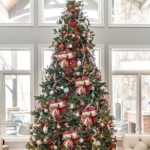 Christmas Bows 2PCS for Wreath 10X10 Inch,Black Red Buffalo Plaid Bows,Rustic Farmhouse Bows Natural Burlap Tree Topper Bows for Front Door Winter Christmas Tree Bows for New Year Xmas Decorations