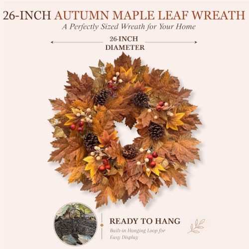 Presentastic 26-Inch Fall Wreath with Lights for Front Door & Wall Decor