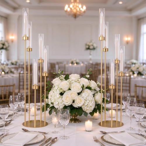 2PCS Gold Floor Candle Holders with Acrylic Lampshades - 5 Arm Candelabra Set - Elegant Event Decor