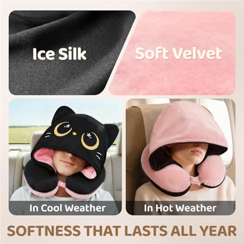 Mewaii Pink Travel Neck Pillow with Hood - Memory Foam & Privacy Cover