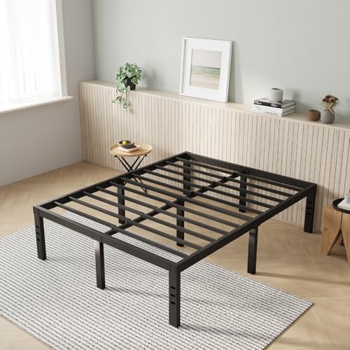 Queen Bed Frame 14 Inch Metal Platform with Storage - Black, Heavy Duty Steel