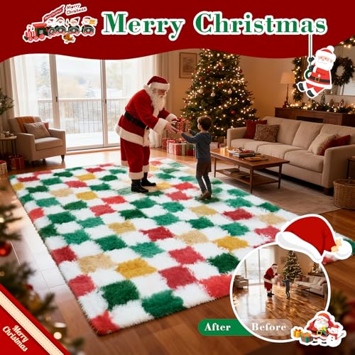 Boshengya Christmas Checkered Rug 6x9 ft Red & Yellow Holiday Fuzzy Carpet