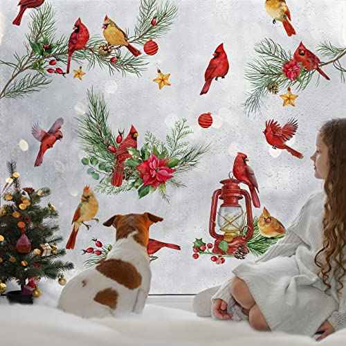 Mfault Winter Cardinal Window Clings 9 Sheets, Christmas Red Birds Glass Stickers Decal Poinsettia Pine Cone Bedroom Decorations, Xmas Kerosene Lamp Tree Branches Home Kitchen Living Room Decor