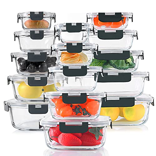 Gray 15-Pack Glass Food Storage Containers Set with Lids - KOMUEE