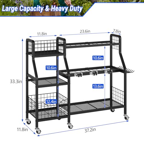 Heavy-Duty Garden Tool Organizer with 6 Wheels & 2 Baskets