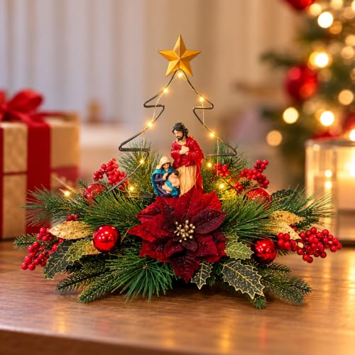 Eksen Nativity LED Christmas Tree Tabletop Centerpiece, Holy Family