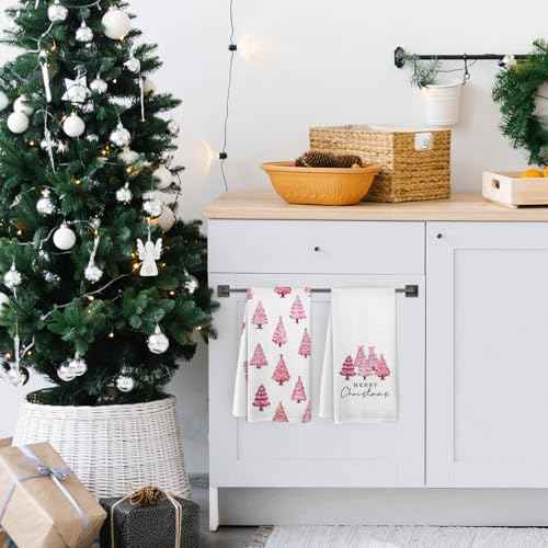 Pink Christmas Tree Kitchen Towels and Dishcloths Set of 2, Pink Christmas Decor, Pink Dish Towels, Merry Christmas Decorative Hand Towels for Bathroom Kitchen Girls Dorm Room, 16¡¿24 Inches