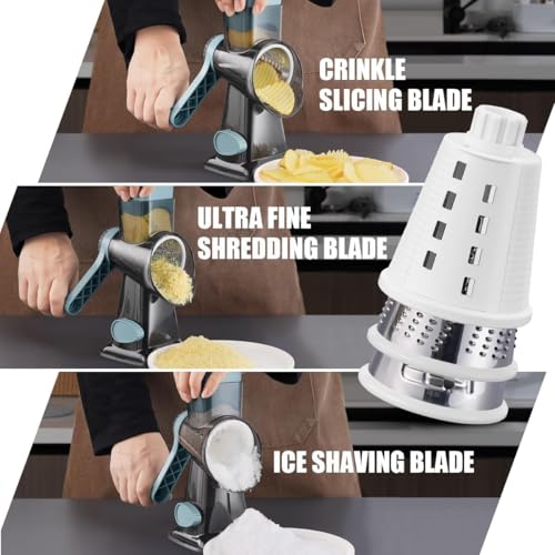 KEOUKE Rotary Cheese Grater 6-in-1 Hand Crank Shredder & Slicer - Grey Blue SP