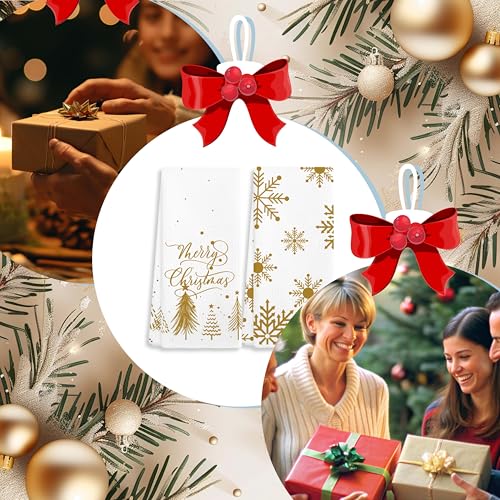 Merry Christmas! Gold Kitchen Towels Set of 2 - Snowflake Holiday Decor