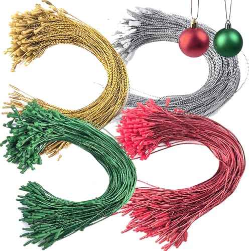 604PCS 8inch Christmas Ornament Hooks, Ornament Hangers with Snap Ornament String for Christmas Tree Holiday Party Hanging Decorations Ropes Easy and Fast Locking (Gold Silver Red Green)