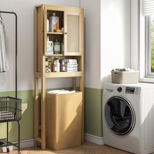 Over The Toilet Bathroom Storage Cabinet with Adjustable Shelf - Natural Rattan Style
