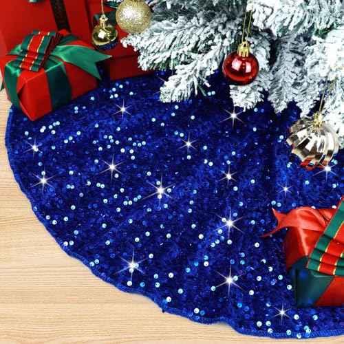 Small Blue Christmas Tree Skirt 21 Inch Sequin Mini Tree Skirt for 4ft Christmas Tree Round Velvet Xmas Tree Skirt Glitter Santa Christmas Tree Skirts Box Royal Blue Christmas Ornaments