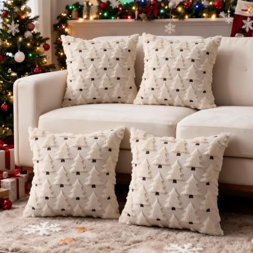 HDVUHKI Christmas Tree 16x16 Inch Throw Pillow Covers Set of 4 Beige - Bohemian Holiday Decor