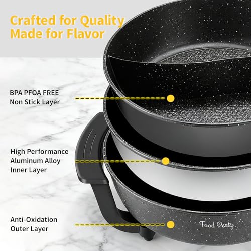 Food Party 6L Electric Hot Pot with Divider, 5-Level Temp Control, Fast Boil, Non-Stick