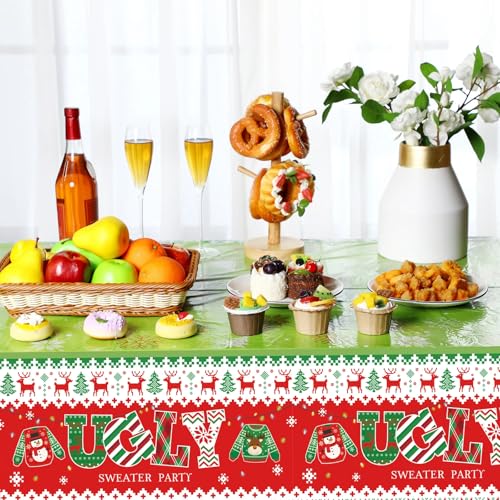 3 Pack Plastic Ugly Sweater Tablecloths 54 x 108 in Christmas Party Covers