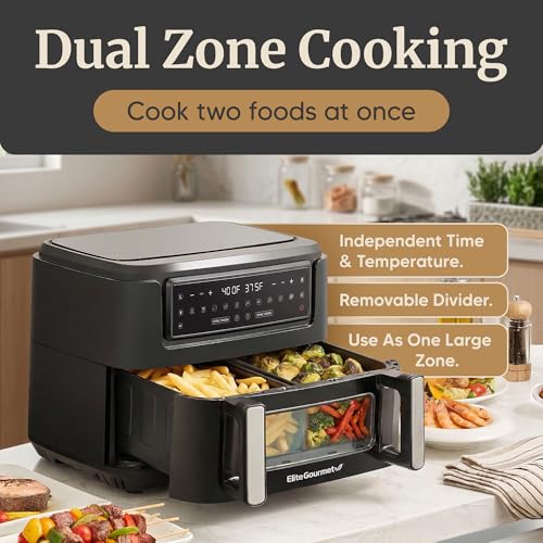 11 Qt Dual Zone Air Fryer Oven - Black, Family Size, 1600W