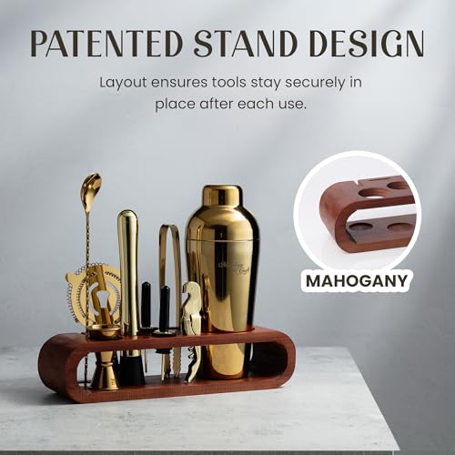 Mixology & Craft 10-Piece Cocktail Shaker Set with Bamboo Stand - Professional Barware