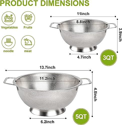 Gulex Stainless Steel Colander Set 3QT + 5QT Kitchen Strainer Dishwasher Safe