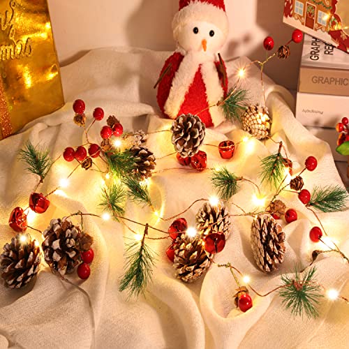 Christmas Garland with Lights, 10 Feet, 30 LED Lights, Pinecones, Red Berries, and Bells Decorations, Christmas Indoor Decorations for Home and Mantelpiece Door Frame Decorations