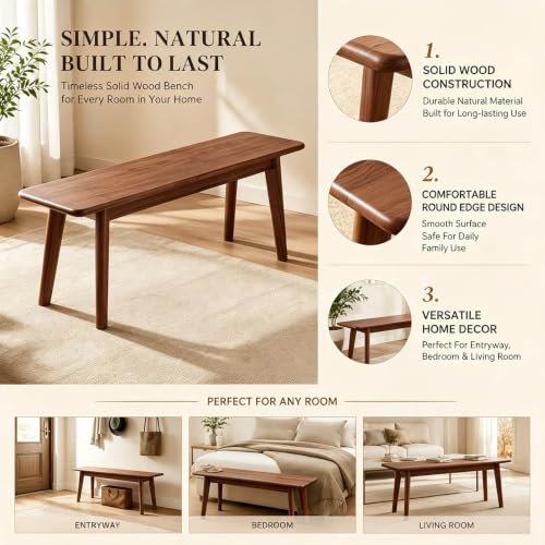 Walnut Solid Wood Farmhouse Bench 39.4 x 11.8 x 17.7 in - Rustic Entryway Seating