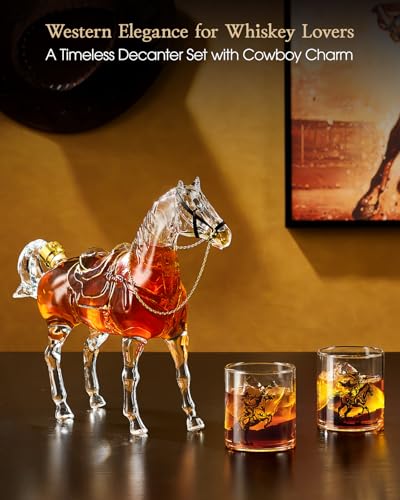 Whiskey Decanter Set with 2 Cowboy Glasses - Horse Theme Western Gift