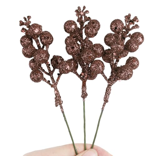 DIYASY Brown Glitter Berry Stems for Christmas Tree Decor, 20 Pcs