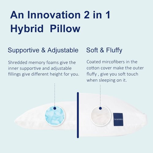 ACCURATEX Queen Size Pillows - Set of 2 Hybrid Shredded Memory Foam | Adjustable Loft & Removable Cotton Cover