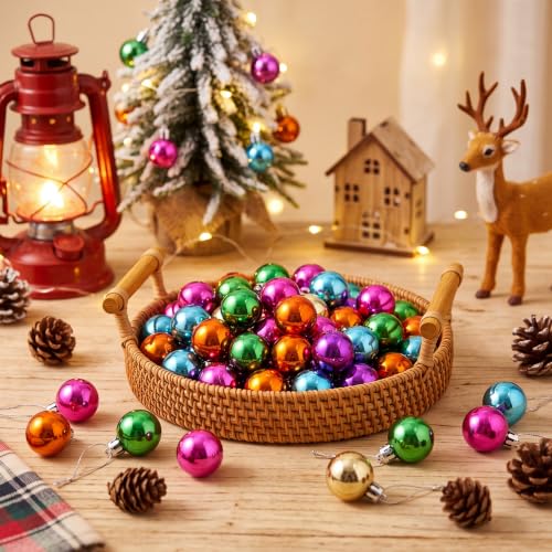 Simgoing 60 Pcs 1.18in Neon Christmas Ornament Balls with Hanging Rope