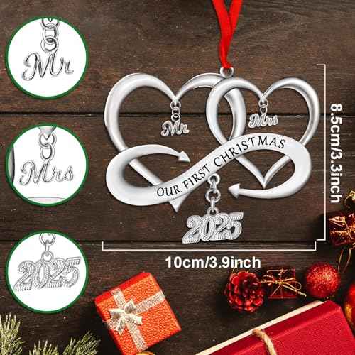 Our First Christmas as Mr & Mrs Ornament 2025 Christmas Decoration, Married 2025 Ornament 1st Year Wedding Gifts Metal, Bridal Shower Gift for Newlywed Couple Wedding